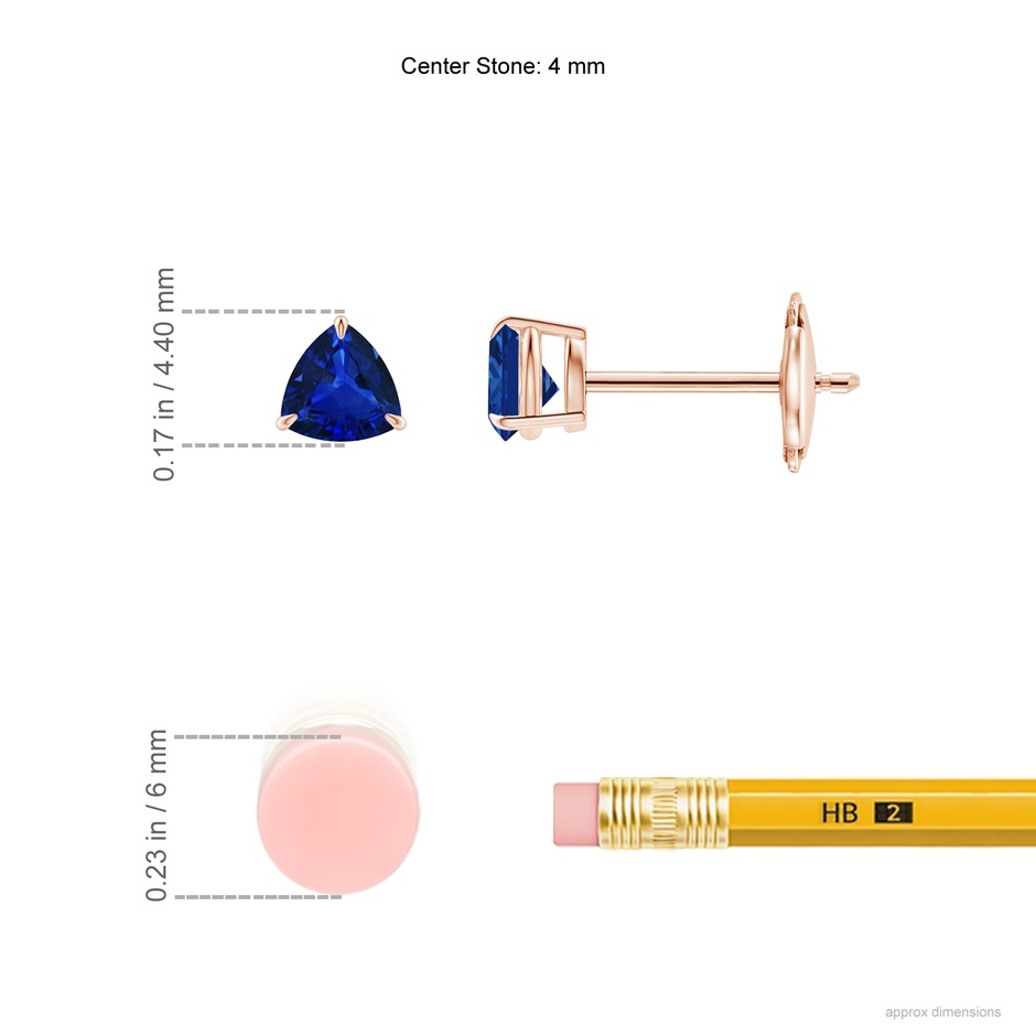 4mm AAAA Claw-Set Trillion Sapphire Stud Earrings in Rose Gold ruler