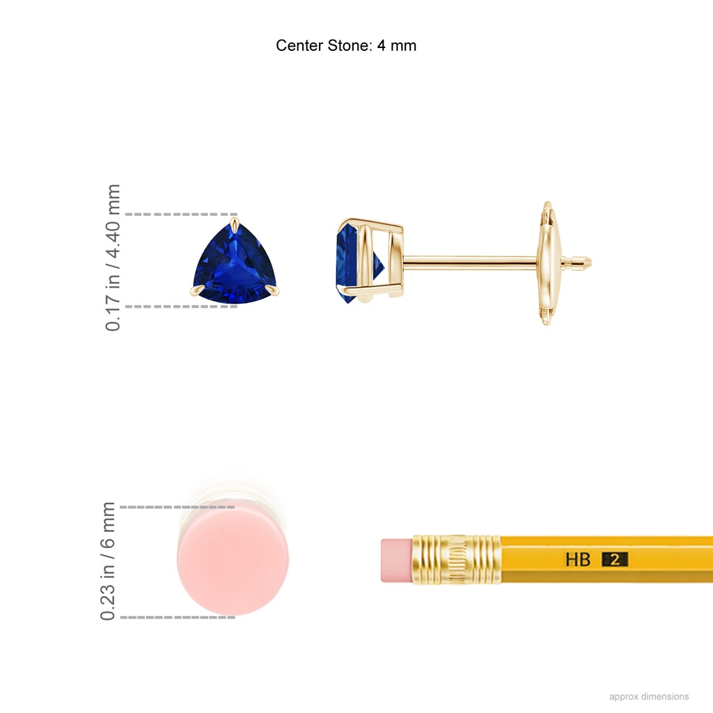 4mm AAAA Claw-Set Trillion Sapphire Stud Earrings in Yellow Gold Ruler