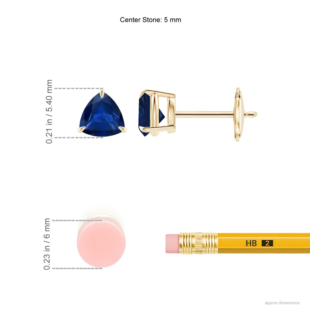 5mm AAA Claw-Set Trillion Sapphire Stud Earrings in Yellow Gold Ruler