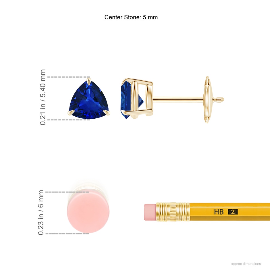 5mm AAAA Claw-Set Trillion Sapphire Stud Earrings in Yellow Gold ruler