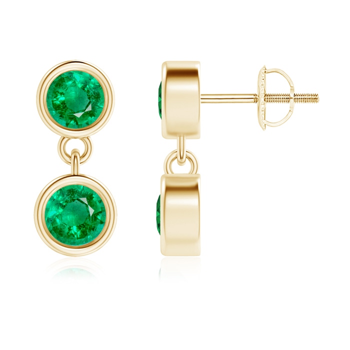 3.8mm AAA Dangling Two Stone Emerald Earrings in Yellow Gold