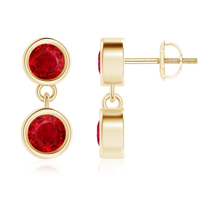 3.8mm AAA Dangling Two Stone Ruby Earrings in Yellow Gold 