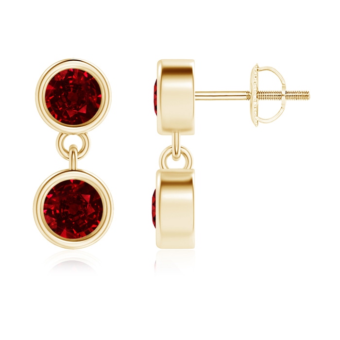 3.8mm AAAA Dangling Two Stone Ruby Earrings in Yellow Gold 