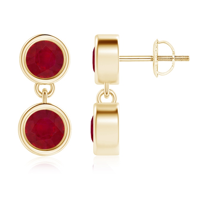 4.1mm AA Dangling Two Stone Ruby Earrings in Yellow Gold 