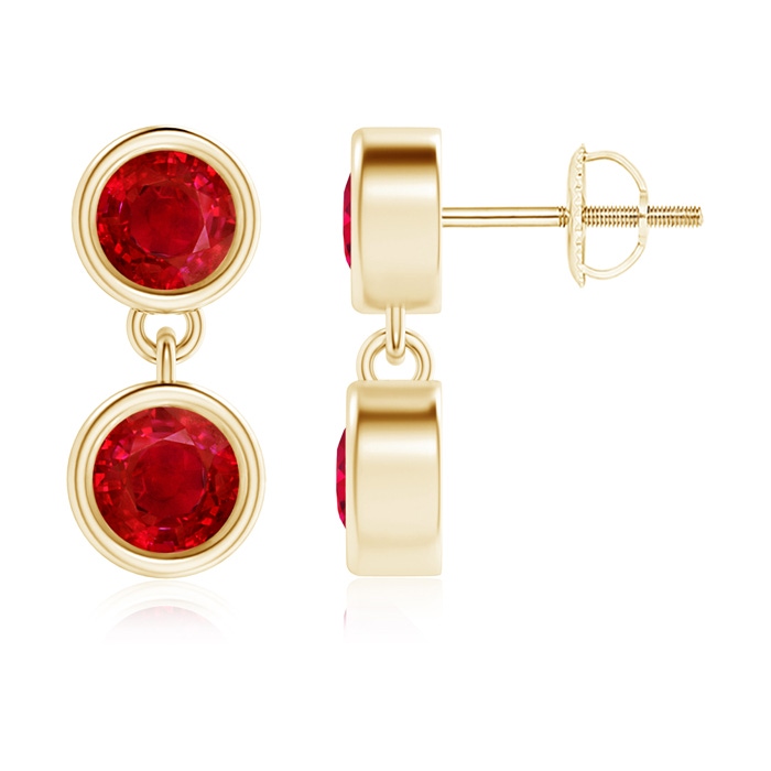 4.1mm AAA Dangling Two Stone Ruby Earrings in Yellow Gold 