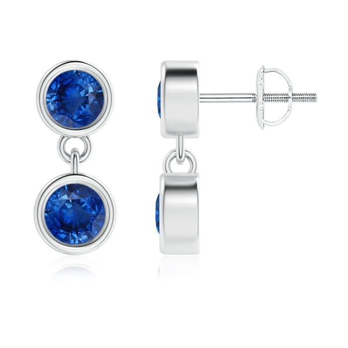 3.8mm AAA Dangling Two Stone Blue Sapphire Earrings in White Gold 