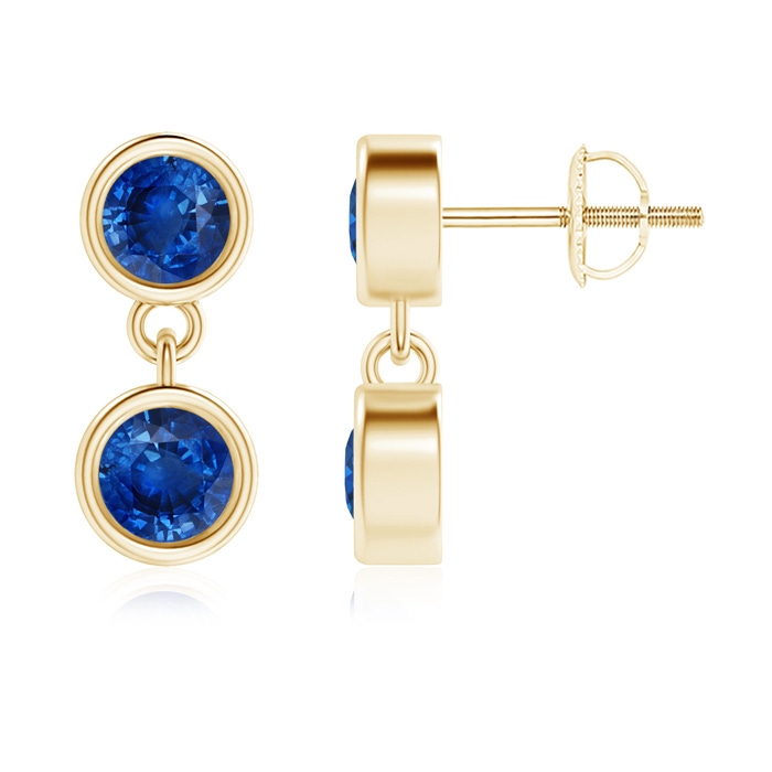 3.8mm AAA Dangling Two Stone Blue Sapphire Earrings in Yellow Gold 