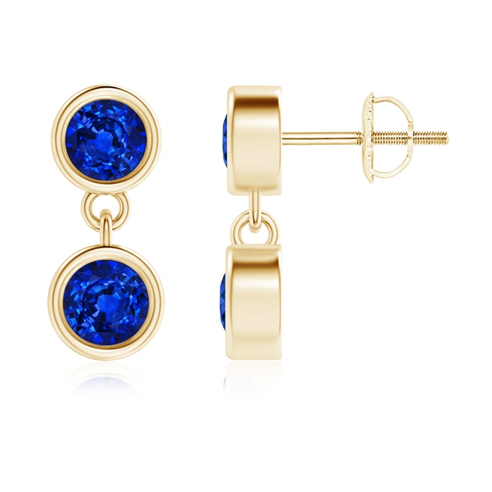 3.8mm AAAA Dangling Two Stone Blue Sapphire Earrings in Yellow Gold