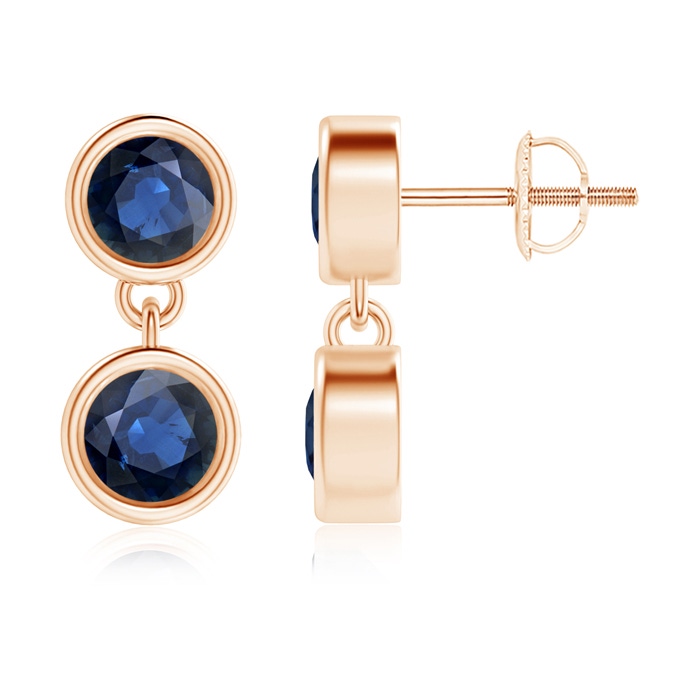 4.1mm AA Dangling Two Stone Blue Sapphire Earrings in Rose Gold 