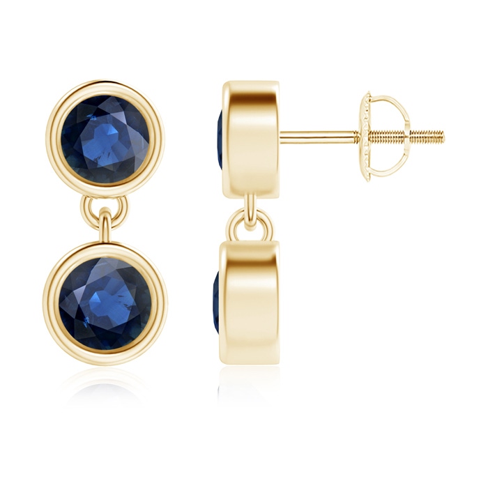 4.1mm AA Dangling Two Stone Blue Sapphire Earrings in Yellow Gold 