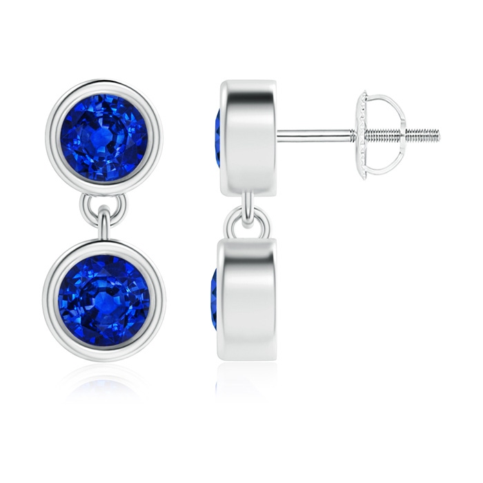 4.1mm AAAA Dangling Two Stone Blue Sapphire Earrings in White Gold