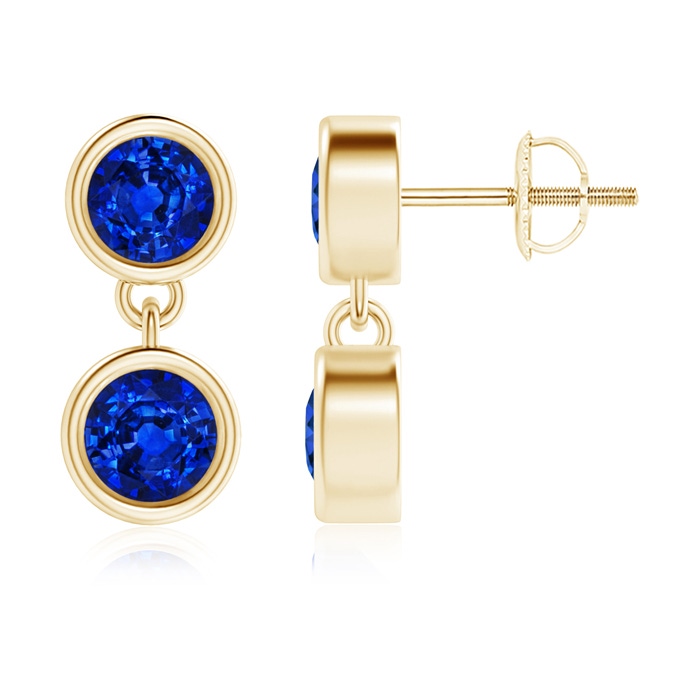 4.1mm AAAA Dangling Two Stone Blue Sapphire Earrings in Yellow Gold 