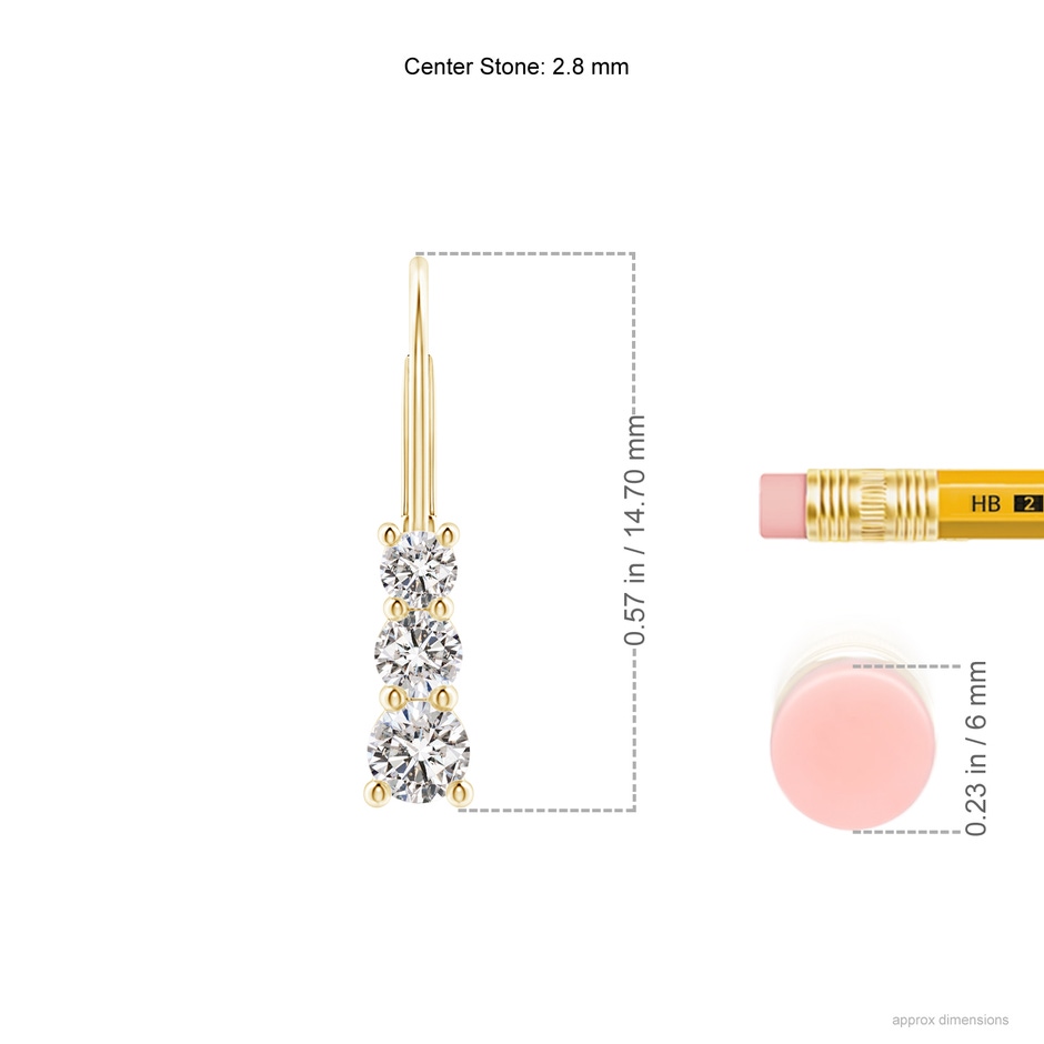 2.8mm IJI1I2 Round Diamond Three Stone Leverback Earrings in Yellow Gold ruler