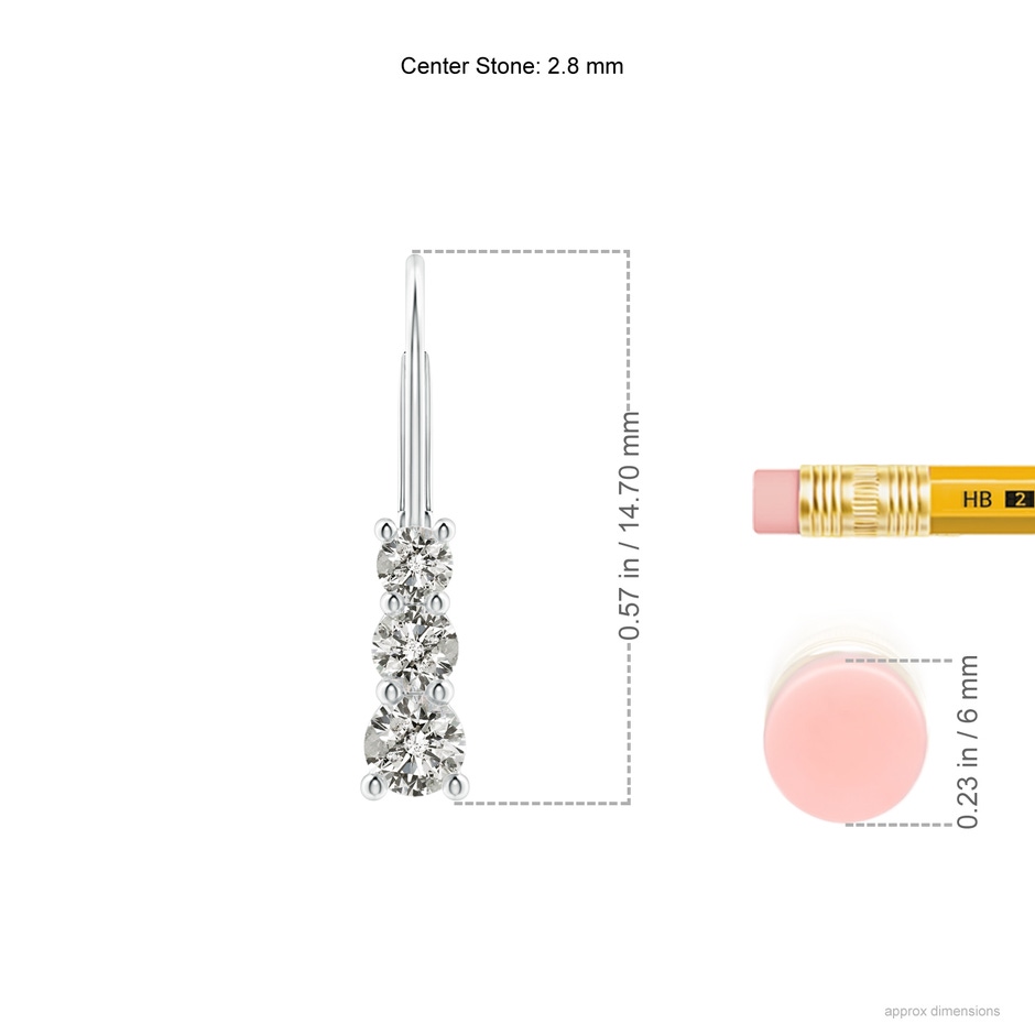 2.8mm KI3 Round Diamond Three Stone Leverback Earrings in White Gold ruler