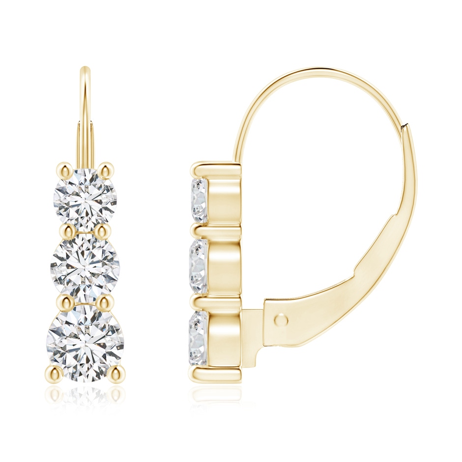 3.8mm HSI2 Round Diamond Three Stone Leverback Earrings in Yellow Gold 