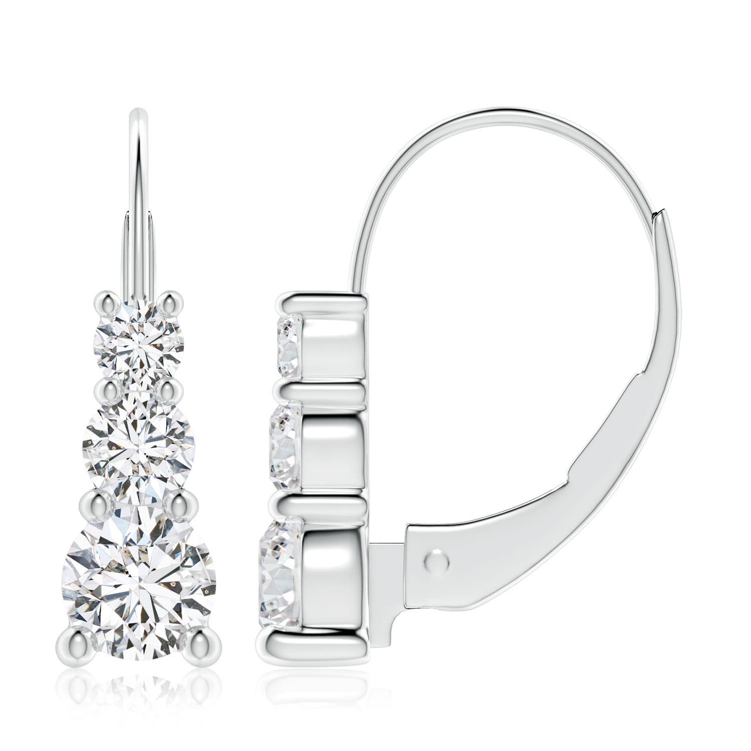 6.4mm HSI2 Round Diamond Three Stone Leverback Earrings in White Gold