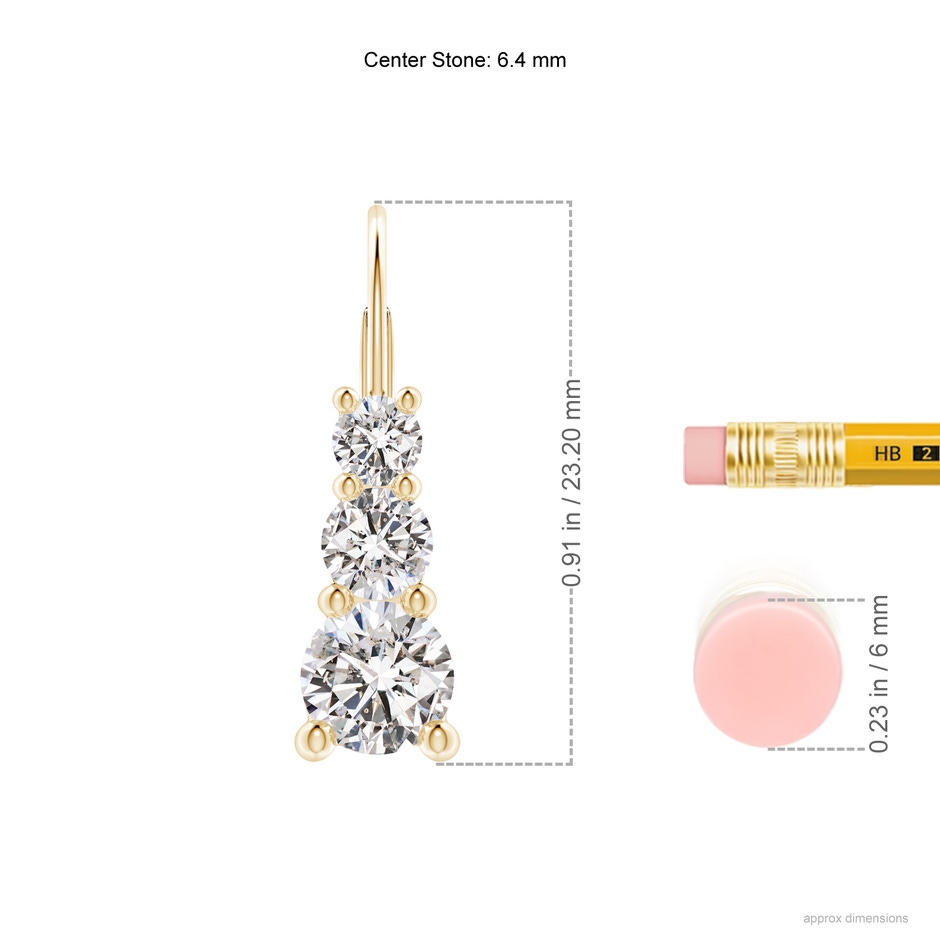 6.4mm IJI1I2 Round Diamond Three Stone Leverback Earrings in Yellow Gold ruler