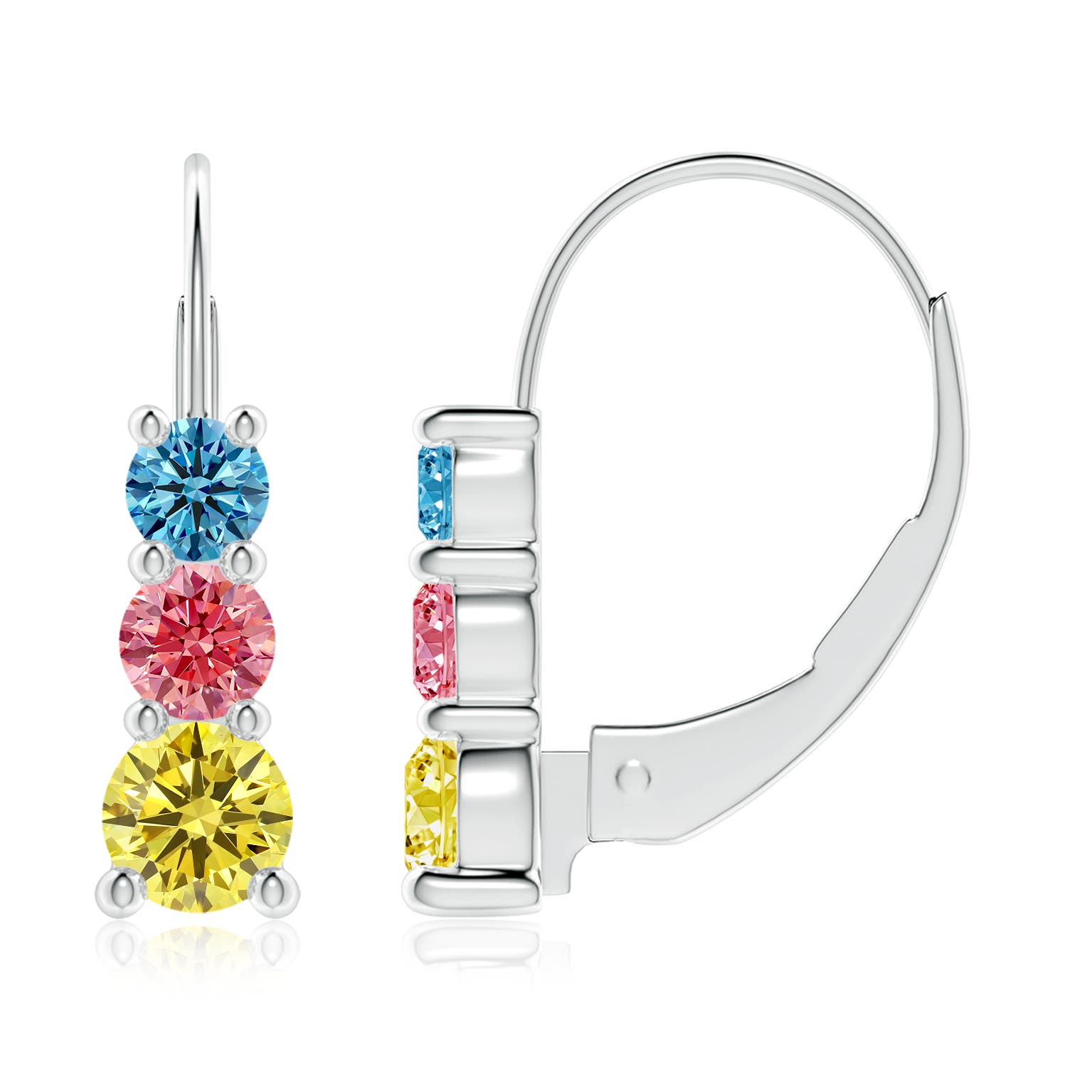 Angara 1.02 CTW Round Fancy Intense Multi-Color Diamond Three Stone Leverback Earrings in 18K White Gold