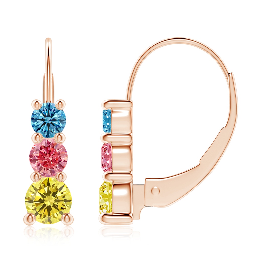 4.1mm AAAA Round Fancy Intense Multi-Colour Diamond Three Stone Leverback Earrings in Rose Gold