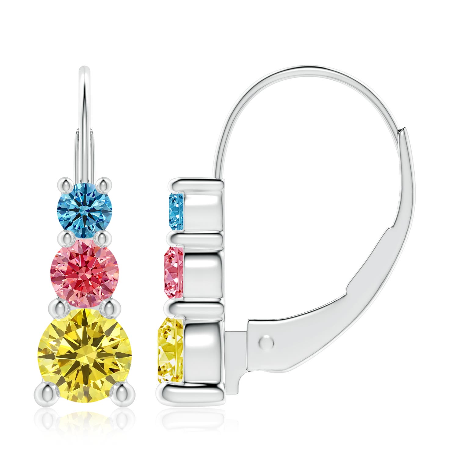 Angara 3.05 CTW Round Fancy Intense Multi-Color Diamond Three Stone Leverback Earrings in 18K White Gold