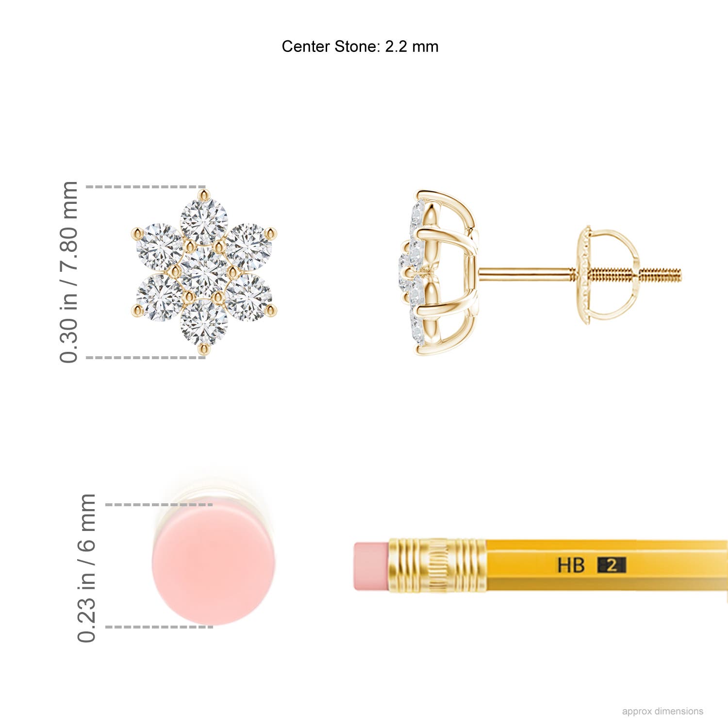 2.2mm HSI2 Diamond Flower-Shaped Stud Earrings in Yellow Gold - ruler
