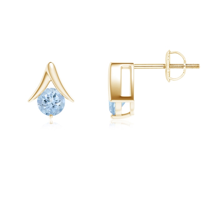 5mm AA Round Aquamarine Inverted 'V' Stud Earrings in Yellow Gold 