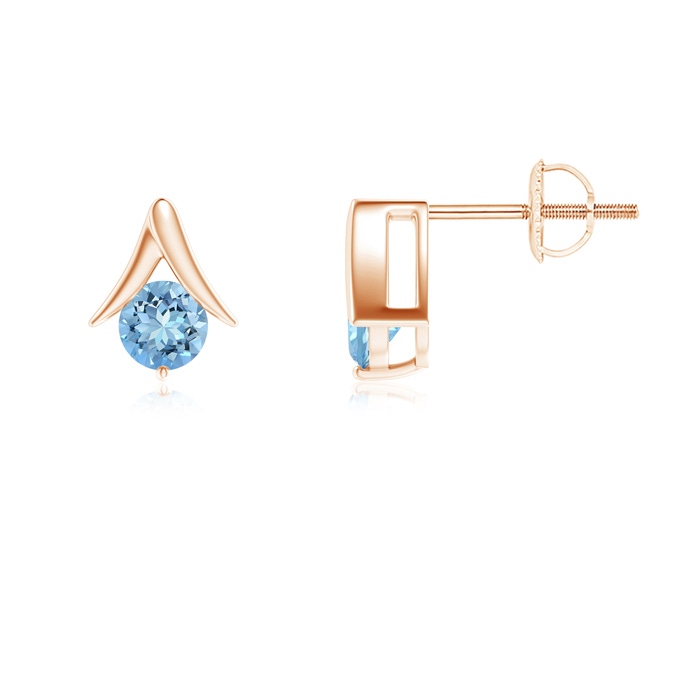 5mm AAAA Round Aquamarine Inverted 'V' Stud Earrings in Rose Gold
