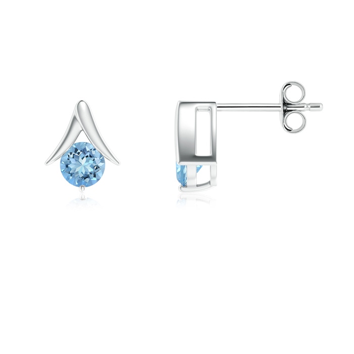 5mm AAAA Round Aquamarine Inverted 'V' Stud Earrings in S999 Silver
