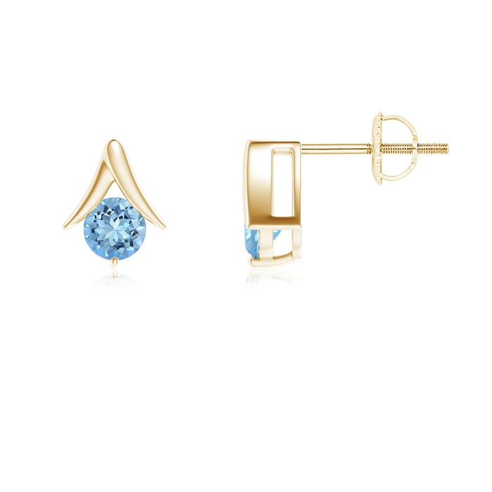 5mm AAAA Round Aquamarine Inverted 'V' Stud Earrings in Yellow Gold