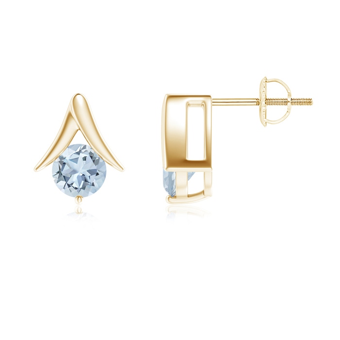 6mm A Round Aquamarine Inverted 'V' Stud Earrings in Yellow Gold 