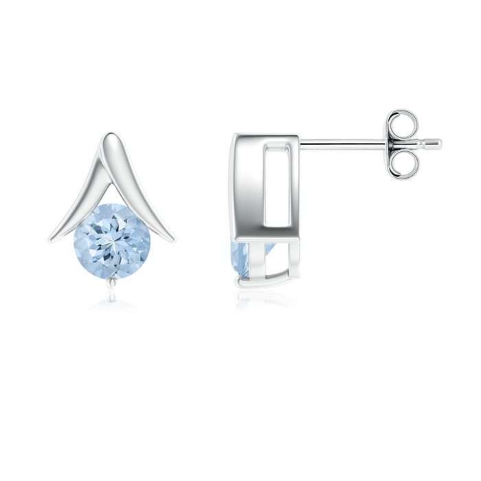 6mm AA Round Aquamarine Inverted 'V' Stud Earrings in S999 Silver 