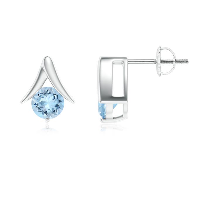 Round Aquamarine Inverted 'V' Stud Earrings | Angara