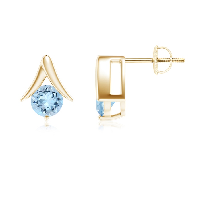 6mm AAA Round Aquamarine Inverted 'V' Stud Earrings in Yellow Gold 