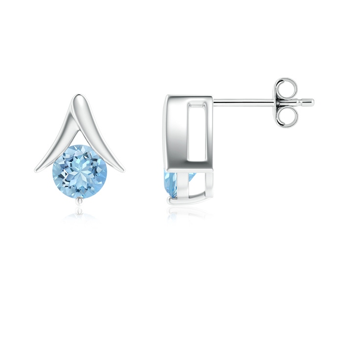 6mm AAAA Round Aquamarine Inverted 'V' Stud Earrings in S999 Silver 