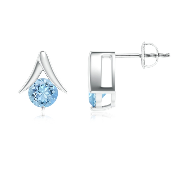 6mm AAAA Round Aquamarine Inverted 'V' Stud Earrings in White Gold 