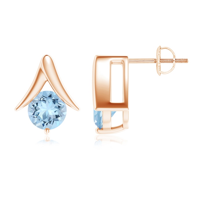 7mm AAA Round Aquamarine Inverted 'V' Stud Earrings in Rose Gold 