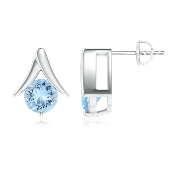 7mm AAA Round Aquamarine Inverted 'V' Stud Earrings in White Gold 