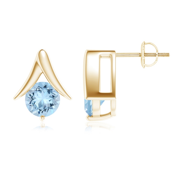 7mm AAA Round Aquamarine Inverted 'V' Stud Earrings in Yellow Gold 