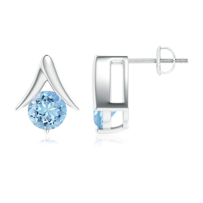 7mm AAAA Round Aquamarine Inverted 'V' Stud Earrings in P950 Platinum 
