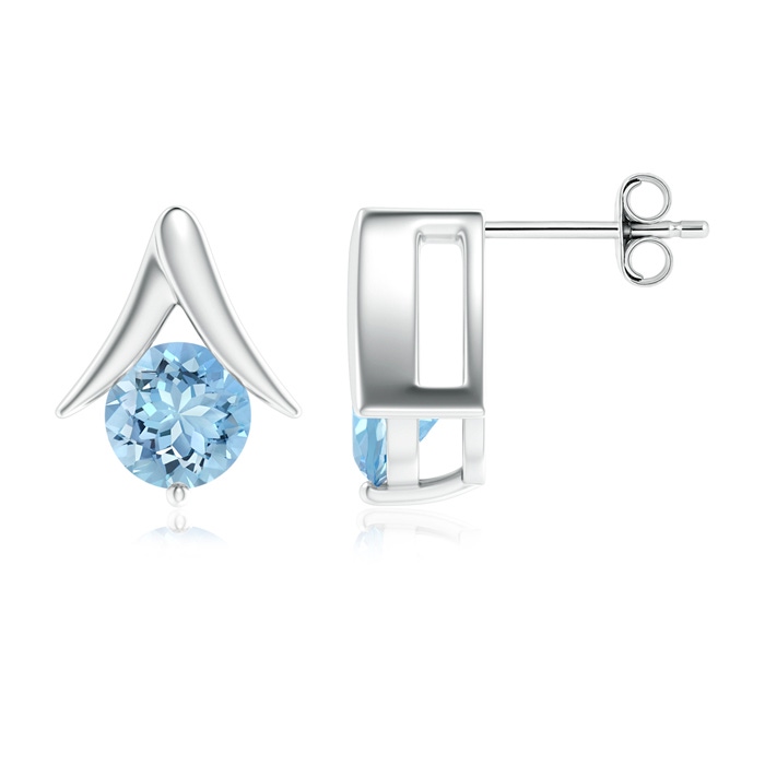 7mm AAAA Round Aquamarine Inverted 'V' Stud Earrings in S999 Silver 