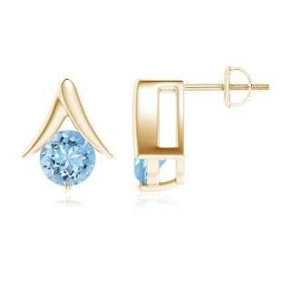 7mm AAAA Round Aquamarine Inverted 'V' Stud Earrings in Yellow Gold