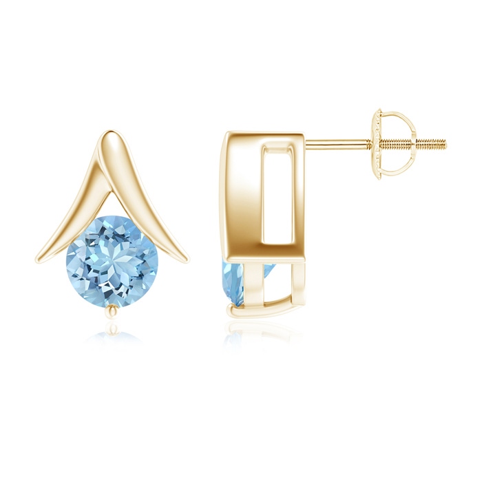 7mm AAAA Round Aquamarine Inverted 'V' Stud Earrings in Yellow Gold 
