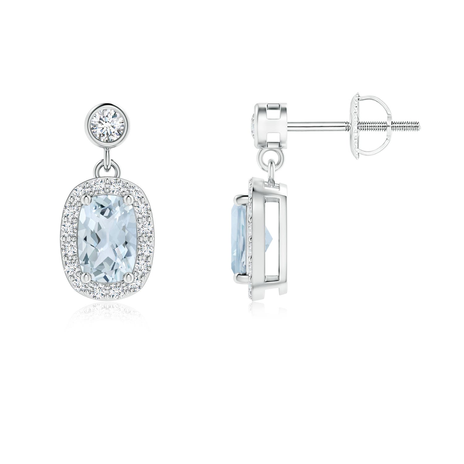 6x4mm A Cushion Aquamarine Dangle Earrings with Diamond Halo in P950 Platinum
