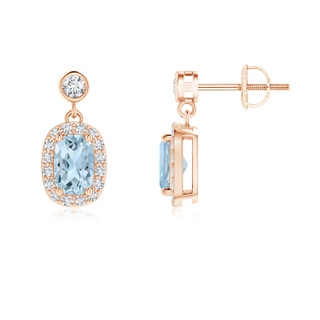 6x4mm AA Cushion Aquamarine Dangle Earrings with Diamond Halo in Rose Gold