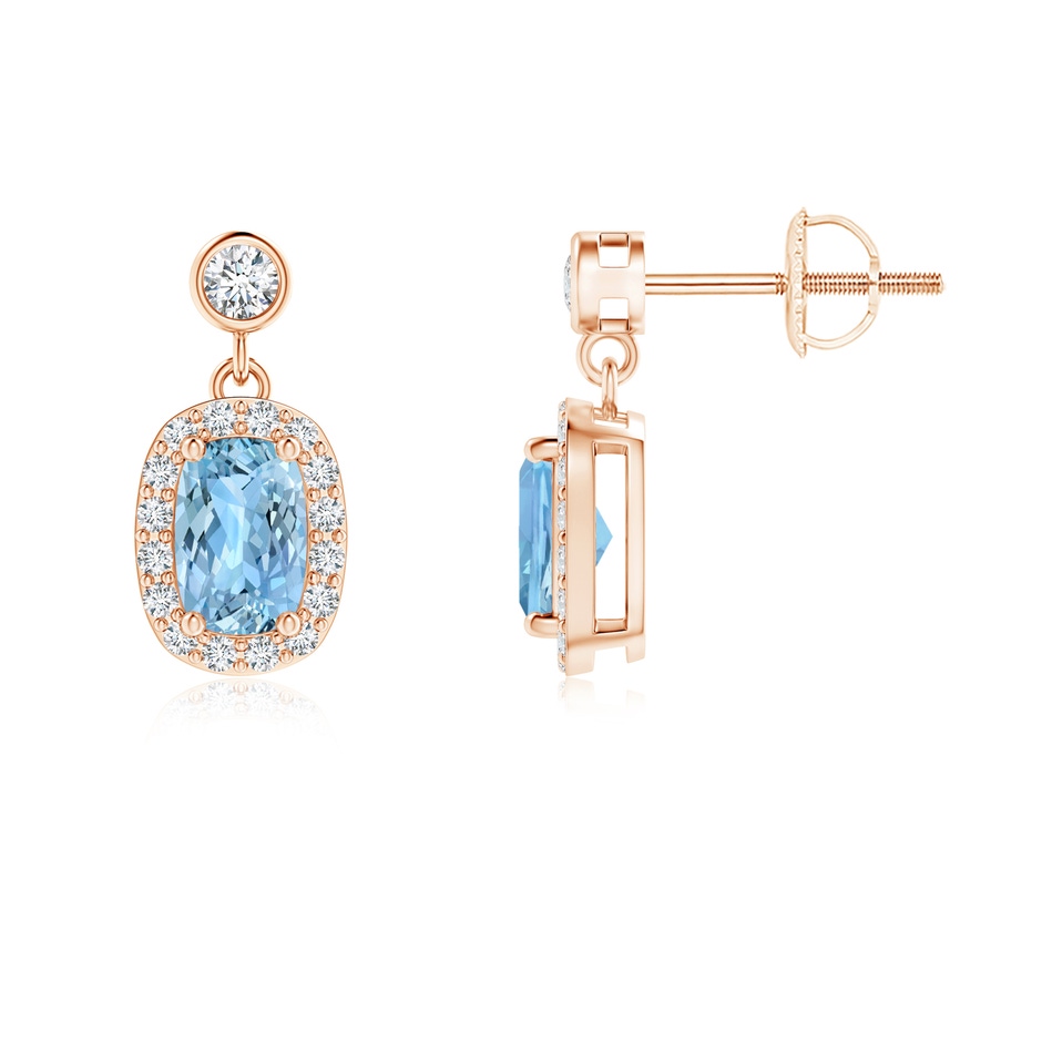 6x4mm AAAA Cushion Aquamarine Dangle Earrings with Diamond Halo in Rose Gold 