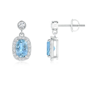 6x4mm AAAA Cushion Aquamarine Dangle Earrings with Diamond Halo in White Gold