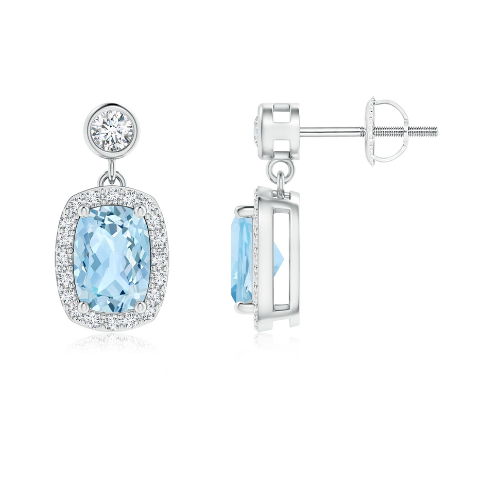 7x5mm AAA Cushion Aquamarine Dangle Earrings with Diamond Halo in White Gold 