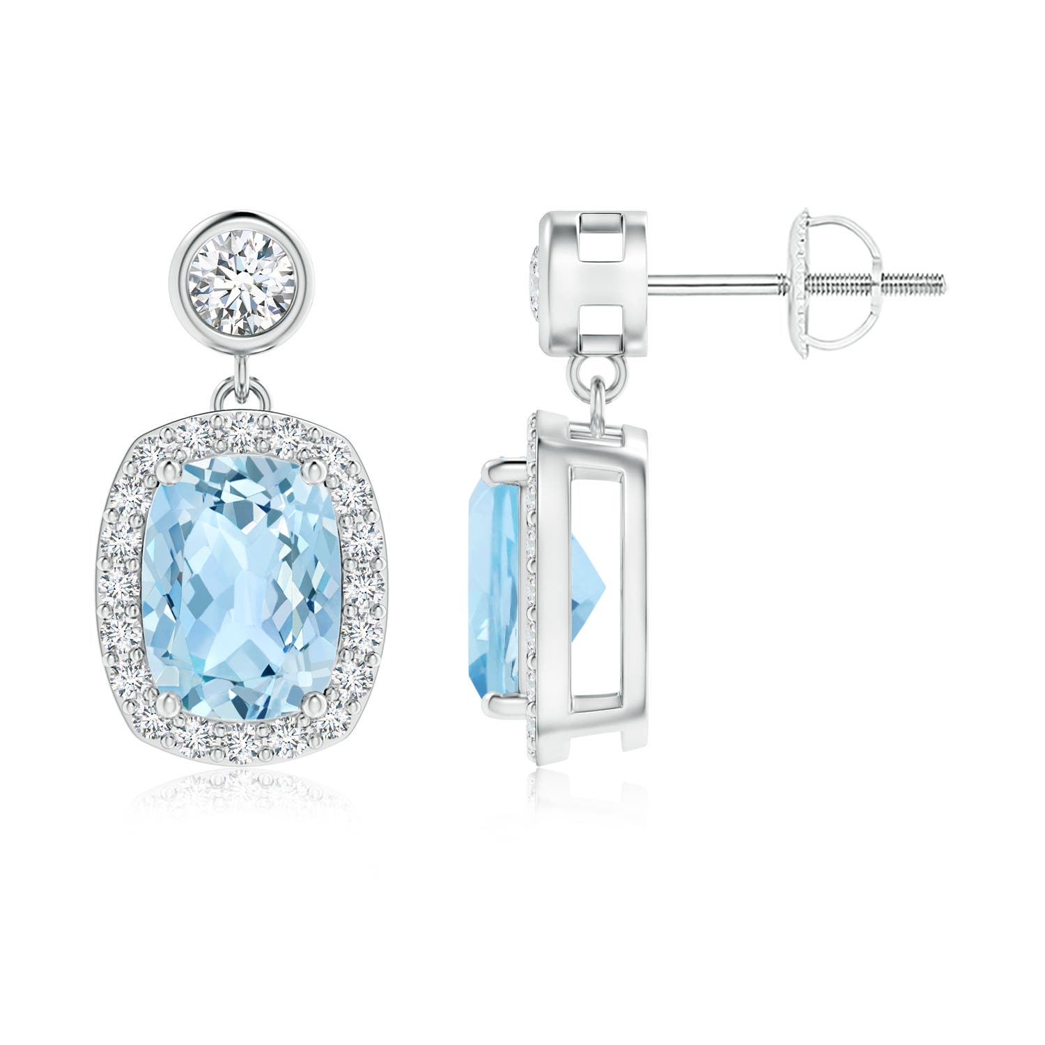 8x6mm AAA Cushion Aquamarine Dangle Earrings with Diamond Halo in P950 Platinum