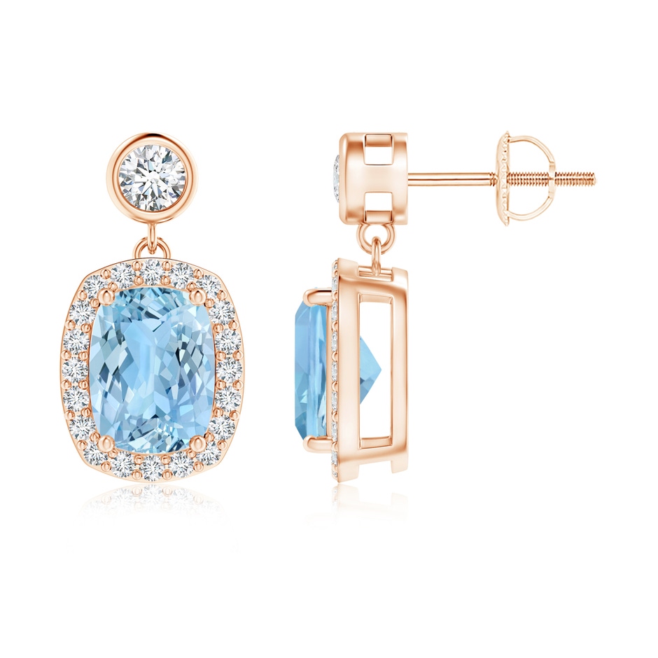 8x6mm AAAA Cushion Aquamarine Dangle Earrings with Diamond Halo in Rose Gold 
