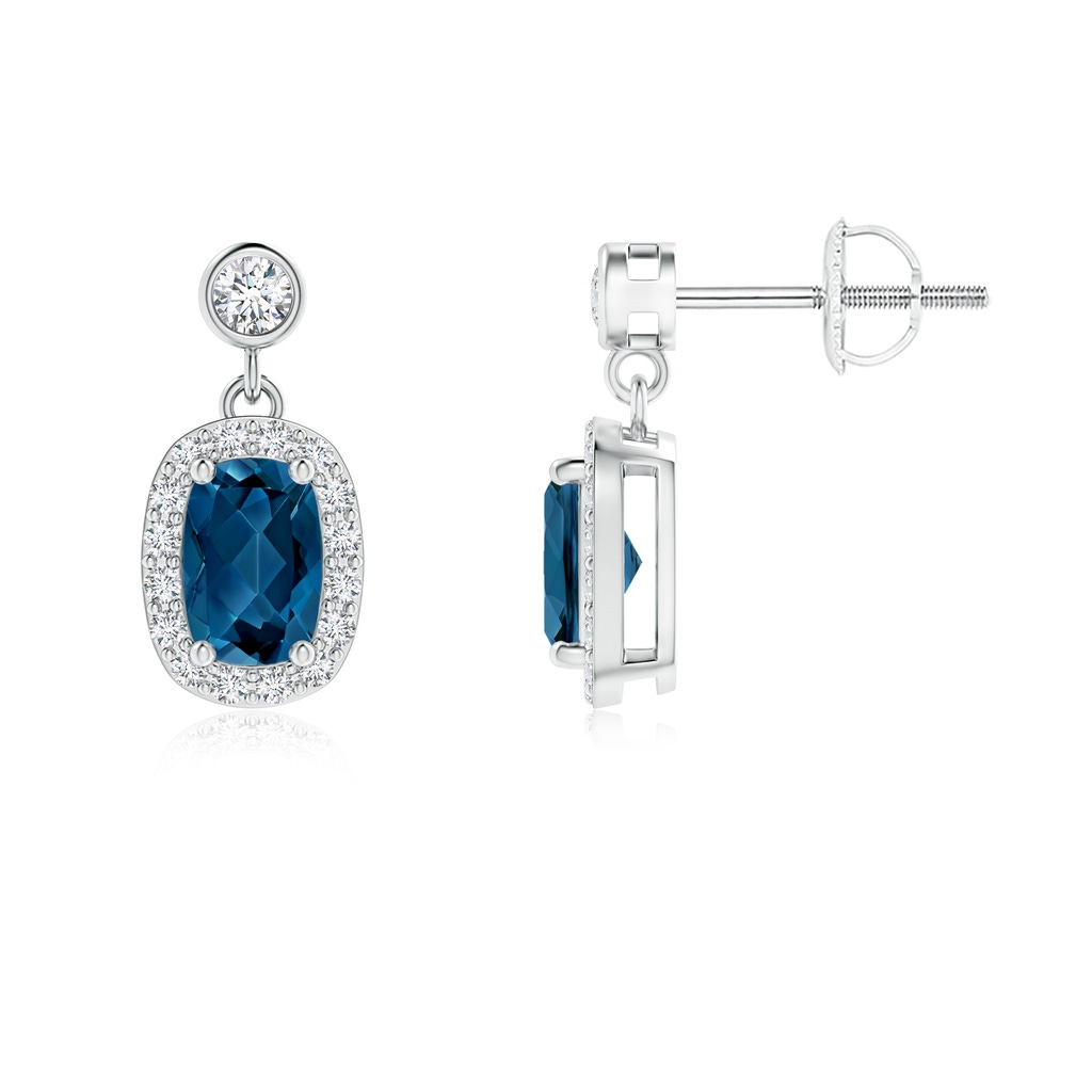 6x4mm AAA Cushion London Blue Topaz Dangle Earrings with Diamond Halo in White Gold